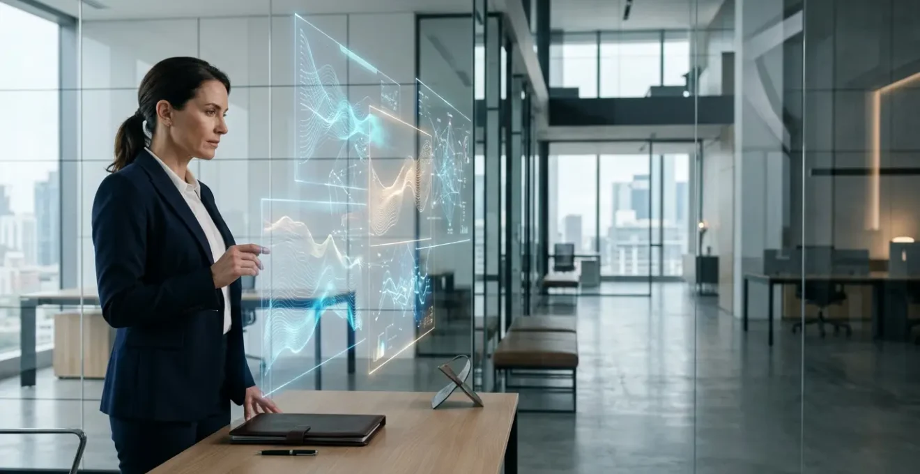 Professional financial analyst reviewing cash flow optimization metrics on digital dashboard in modern office environment