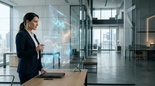 Professional financial analyst reviewing cash flow optimization metrics on digital dashboard in modern office environment