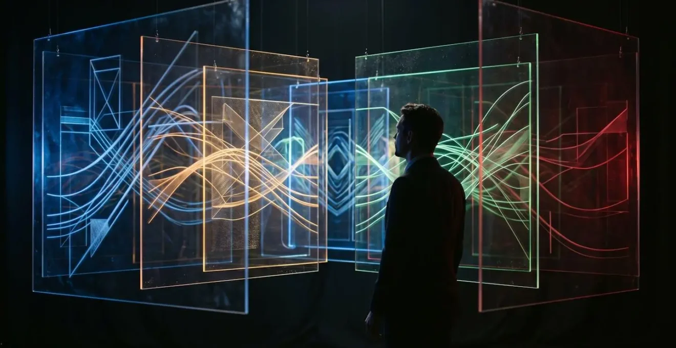 Business professionals reviewing cost allocation data visualization on transparent display boards