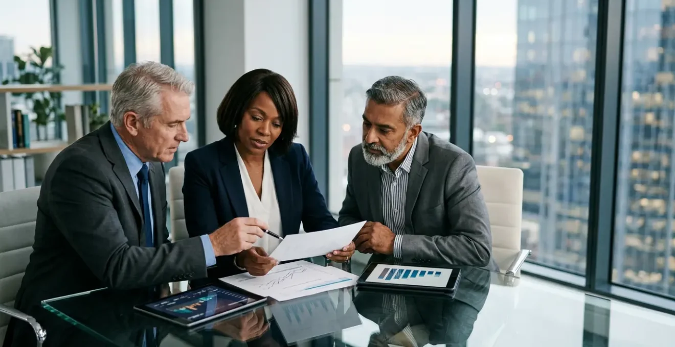 Senior executives reviewing financial documents in a modern boardroom setting for merger preparation