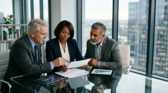 Senior executives reviewing financial documents in a modern boardroom setting for merger preparation