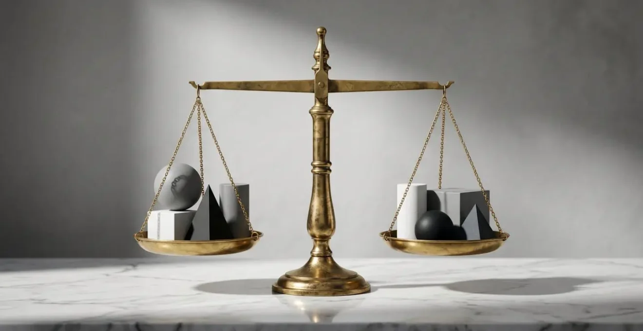 A perfectly balanced brass scale, symbolising fair and stable equity distribution in a business partnership.