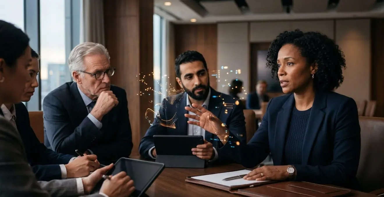 Board members reviewing financial performance metrics in executive conference room
