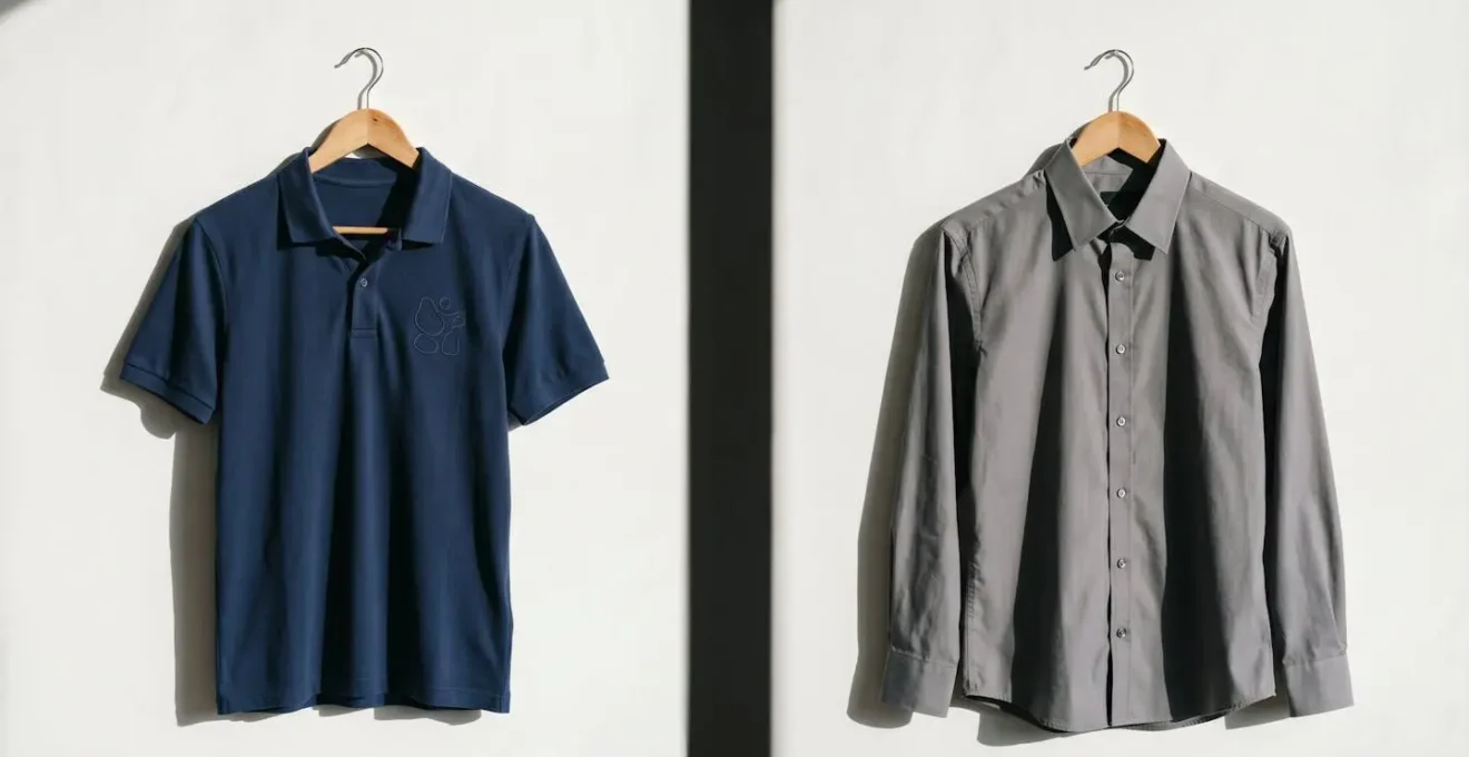 Split comparison showing branded work uniform versus regular business attire