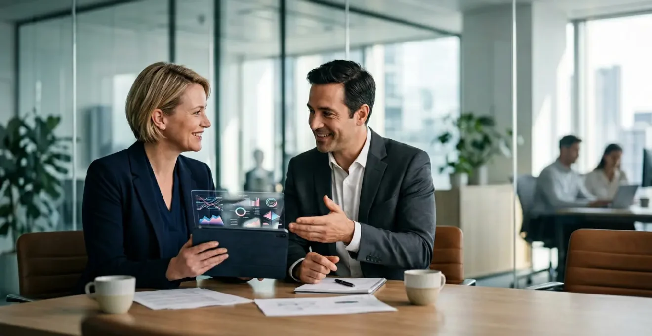 Professional payroll consultant reviewing HMRC compliance documents with business owner in modern office setting