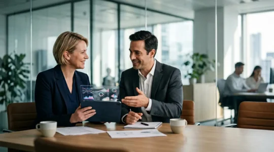 Professional payroll consultant reviewing HMRC compliance documents with business owner in modern office setting