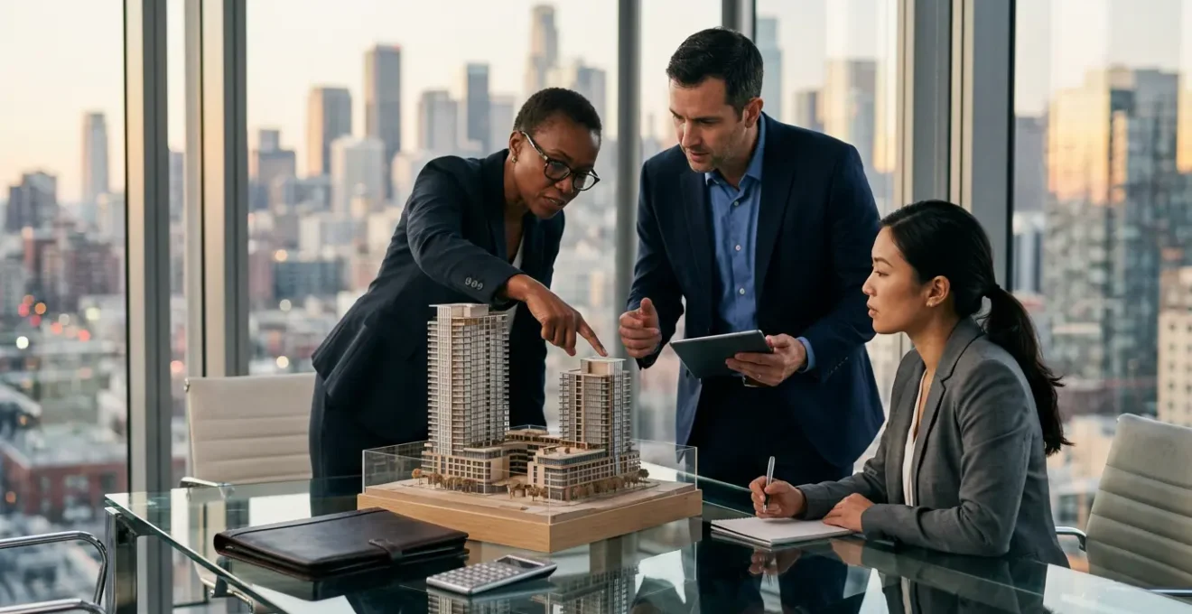 Professional team evaluating corporate assets and financial documents in a modern office setting