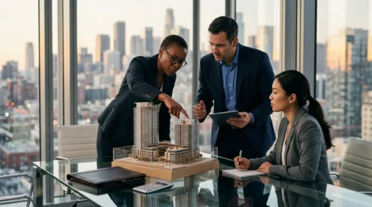 Professional team evaluating corporate assets and financial documents in a modern office setting