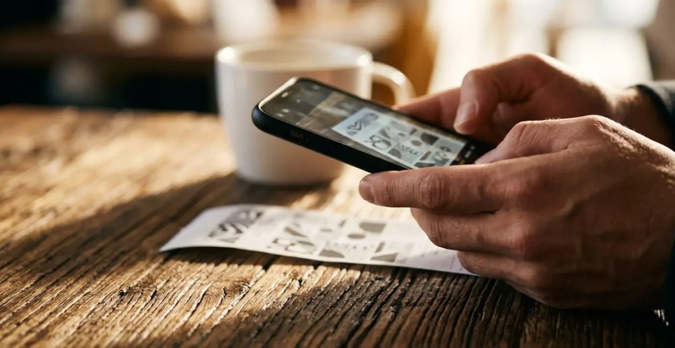 Professional photographing receipt with smartphone in cafe setting for expense tracking