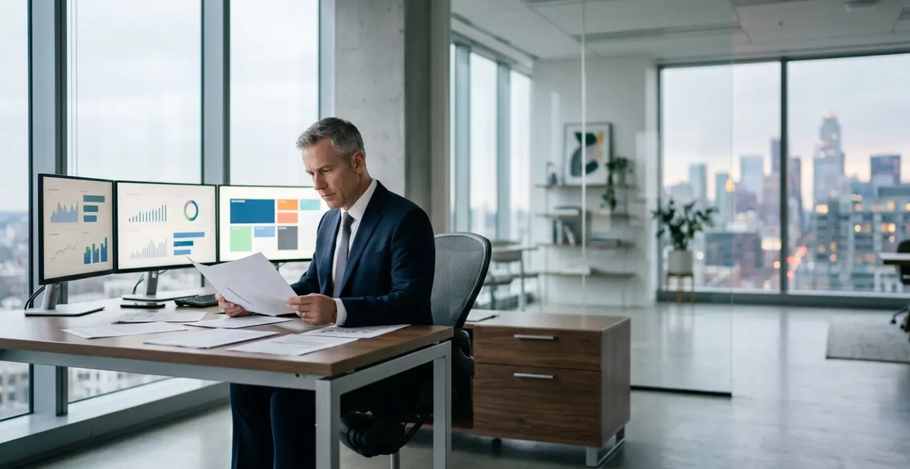 Company director analyzing financial documents and tax returns in modern office setting