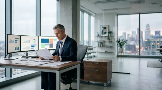 Company director analyzing financial documents and tax returns in modern office setting