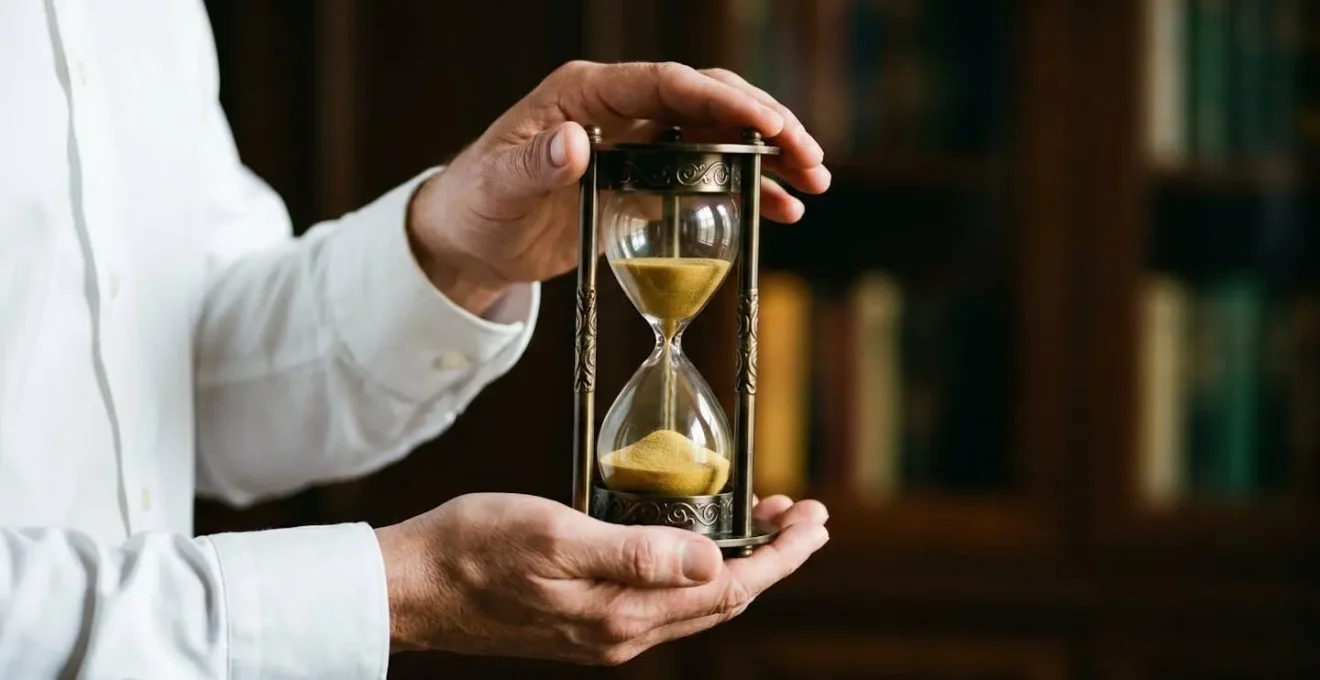 A close-up of hands holding an hourglass with sand flowing, symbolizing the urgency of meeting corporate compliance deadlines to avoid negative consequences.