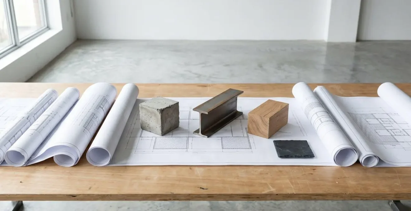 Architectural blueprints with project phases marked by physical construction materials symbolizing milestone-based payments