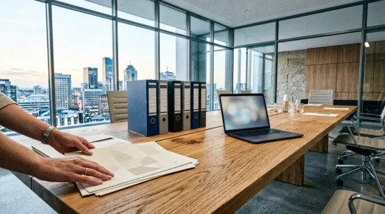 Professional corporate boardroom with compliance documents and digital audit dashboard