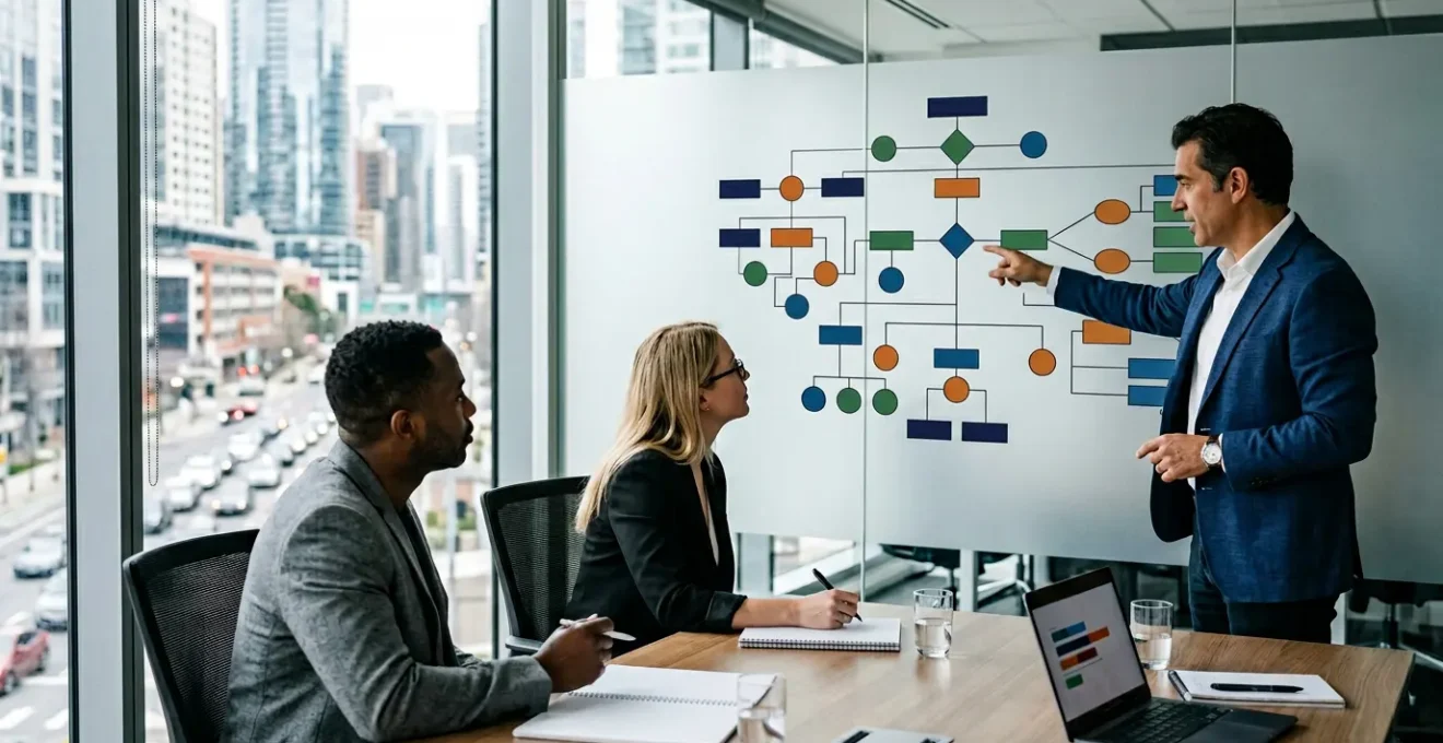 Professional business advisors reviewing complex corporate structure diagrams for tax optimization