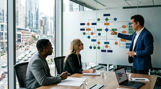 Professional business advisors reviewing complex corporate structure diagrams for tax optimization