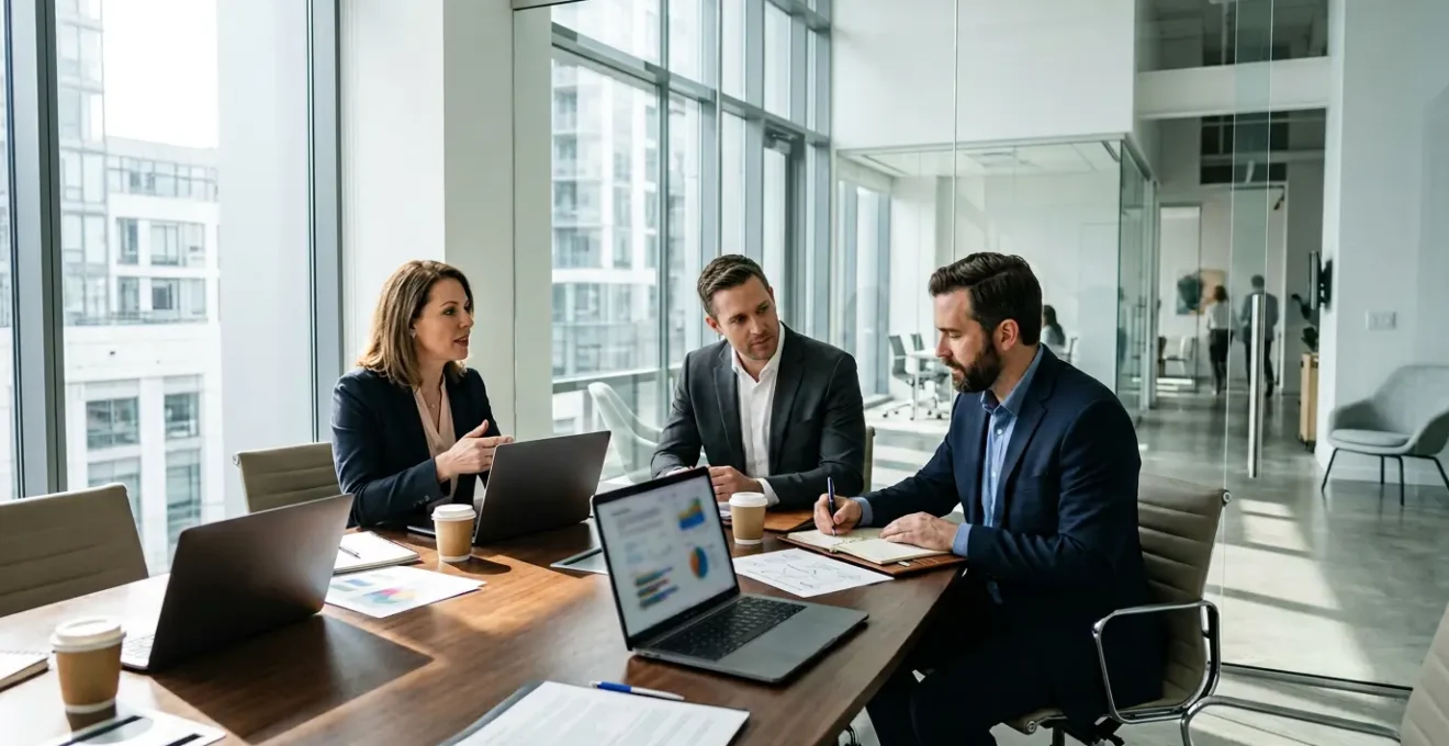 Professional tax team reviewing complex corporate financial documents with multiple screens displaying interconnected company structures
