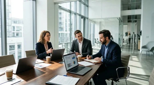 Professional tax team reviewing complex corporate financial documents with multiple screens displaying interconnected company structures
