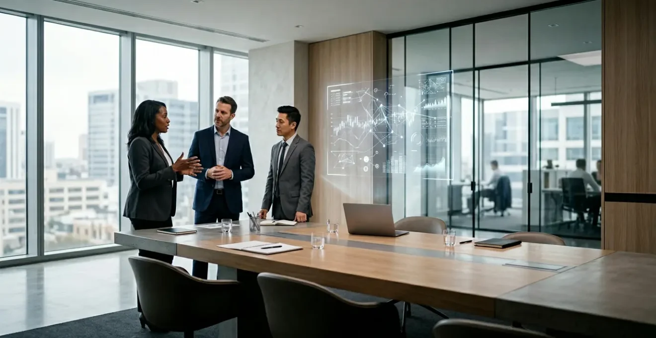 Business executives analyzing departmental financial performance data on multiple screens in modern office setting