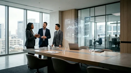 Business executives analyzing departmental financial performance data on multiple screens in modern office setting