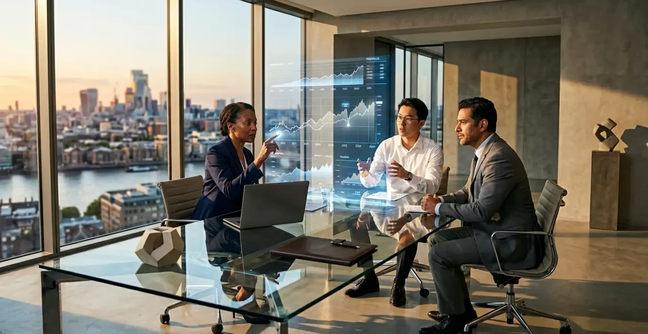 Professional finance team reviewing digital transformation of accounting systems with historical data visualization