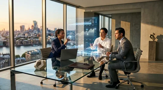 Professional finance team reviewing digital transformation of accounting systems with historical data visualization