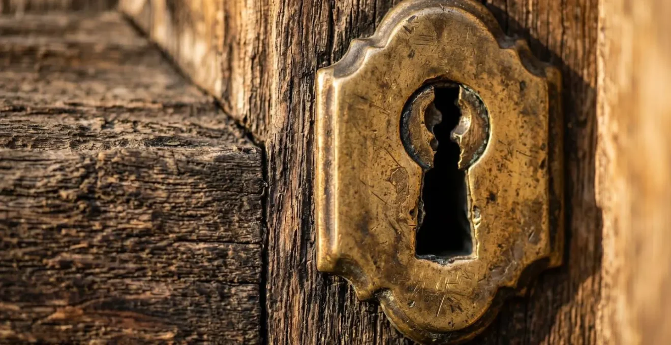A macro shot of a vintage brass keyhole on an aged wooden door, symbolizing privacy and the protection of personal information during corporate registration.