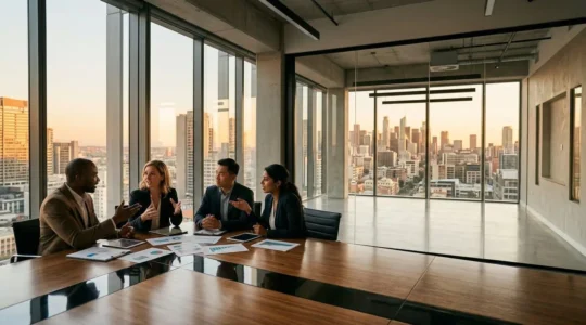 Professional compensation strategy meeting with financial charts and diverse team collaboration