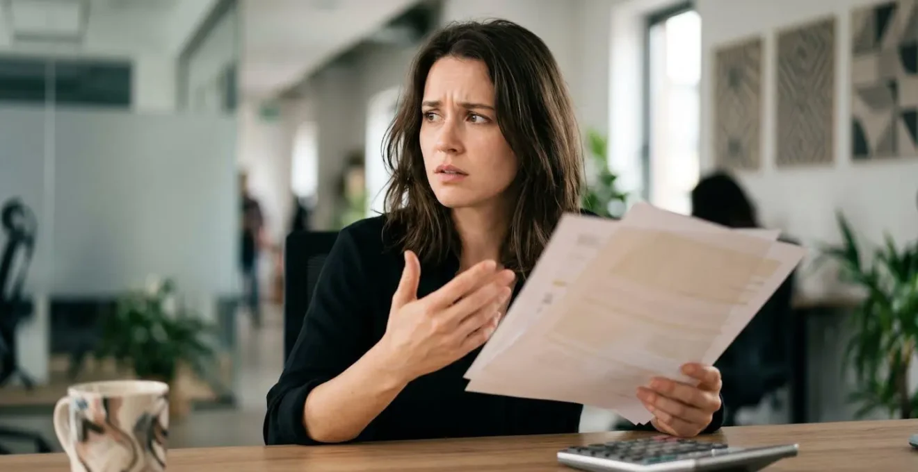 Employee reviewing payslip with calculator showing tax deduction concerns