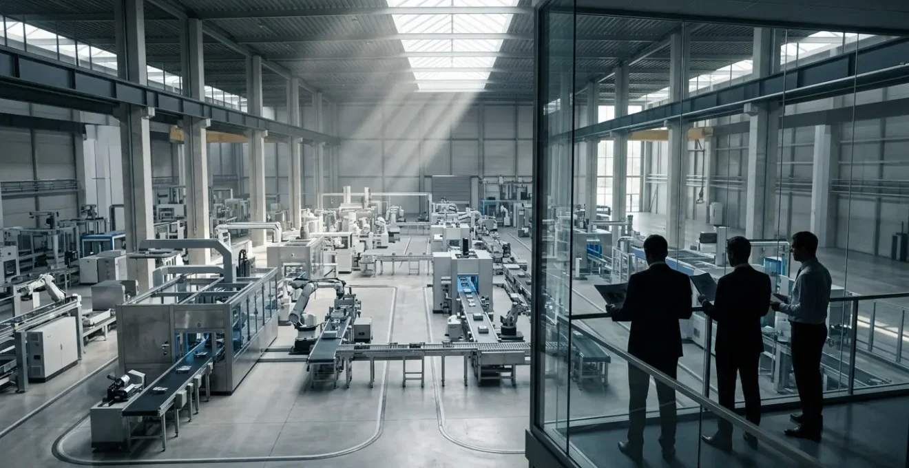 Modern manufacturing facility with strategic financial planning visualization