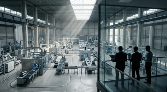 Modern manufacturing facility with strategic financial planning visualization