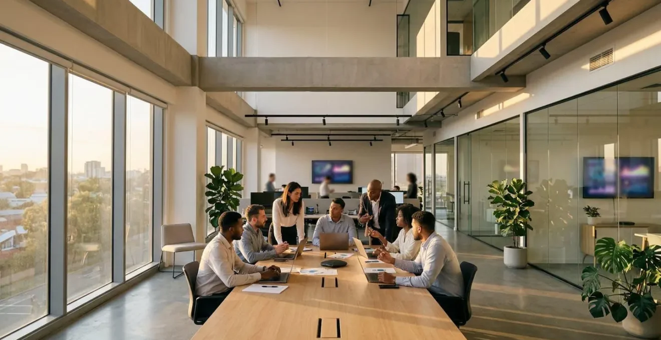 Modern corporate office environment showcasing workforce stability through financial administration excellence