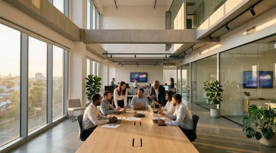 Modern corporate office environment showcasing workforce stability through financial administration excellence