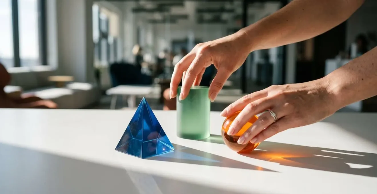 Close-up of hands arranging three distinct geometric shapes on a clean workspace, representing vital metrics.