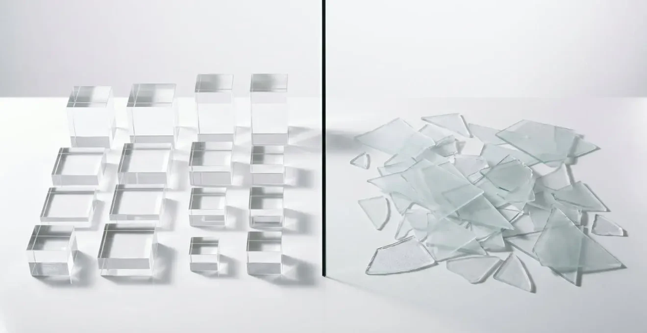 Split image showing meticulously organized clear blocks on one side and scattered, frosted blocks in disarray on the other, symbolizing the impact of financial record quality on valuation.