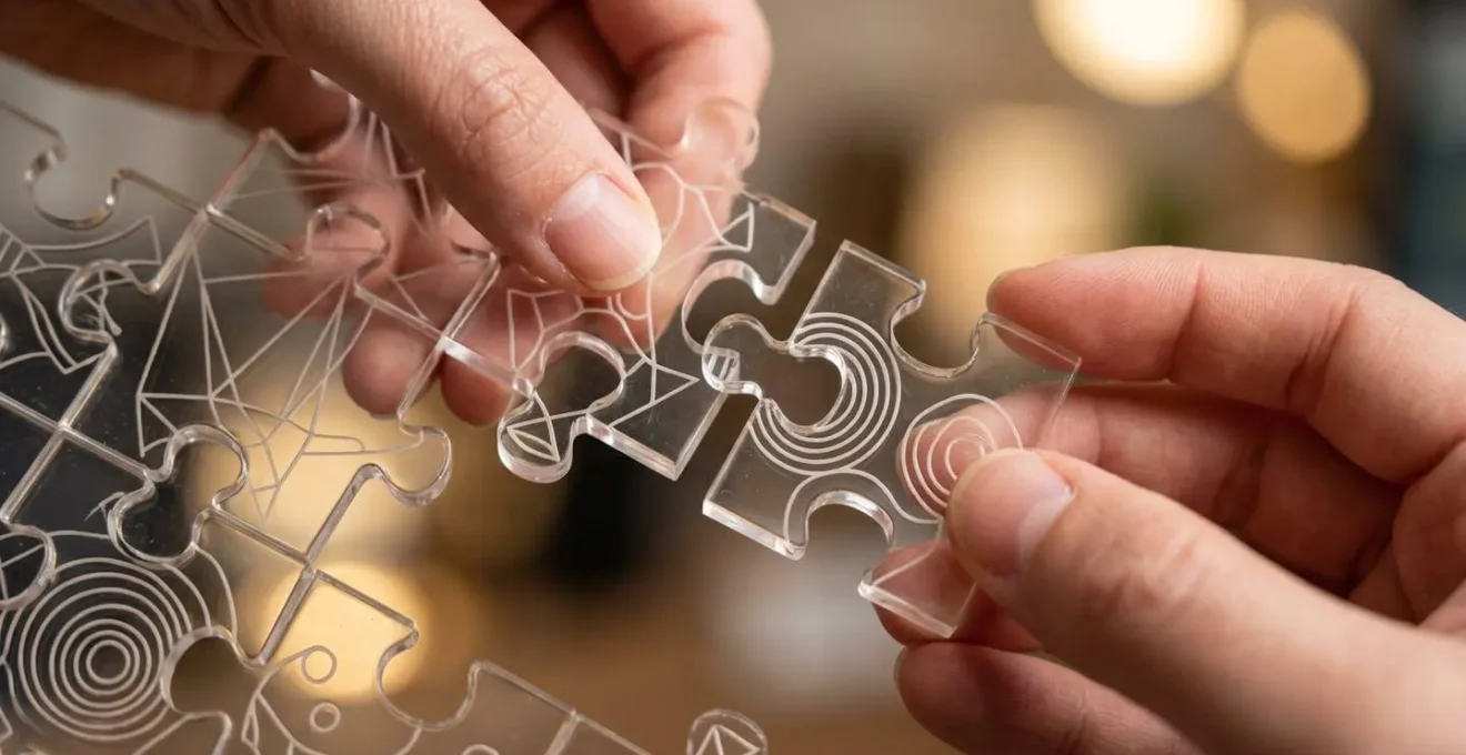 A symbolic representation of an integrated financial technology ecosystem, with hands connecting different system components.