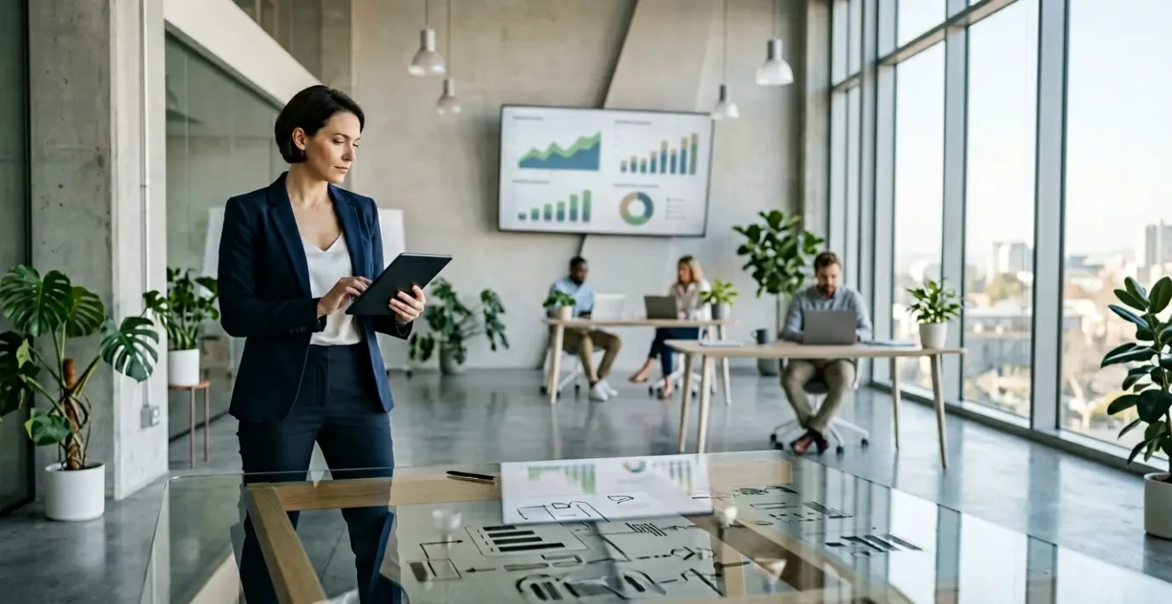 Business founder in strategic planning session with financial documents and digital dashboards in modern office