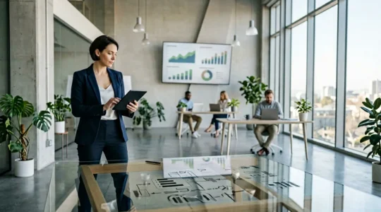 Business founder in strategic planning session with financial documents and digital dashboards in modern office