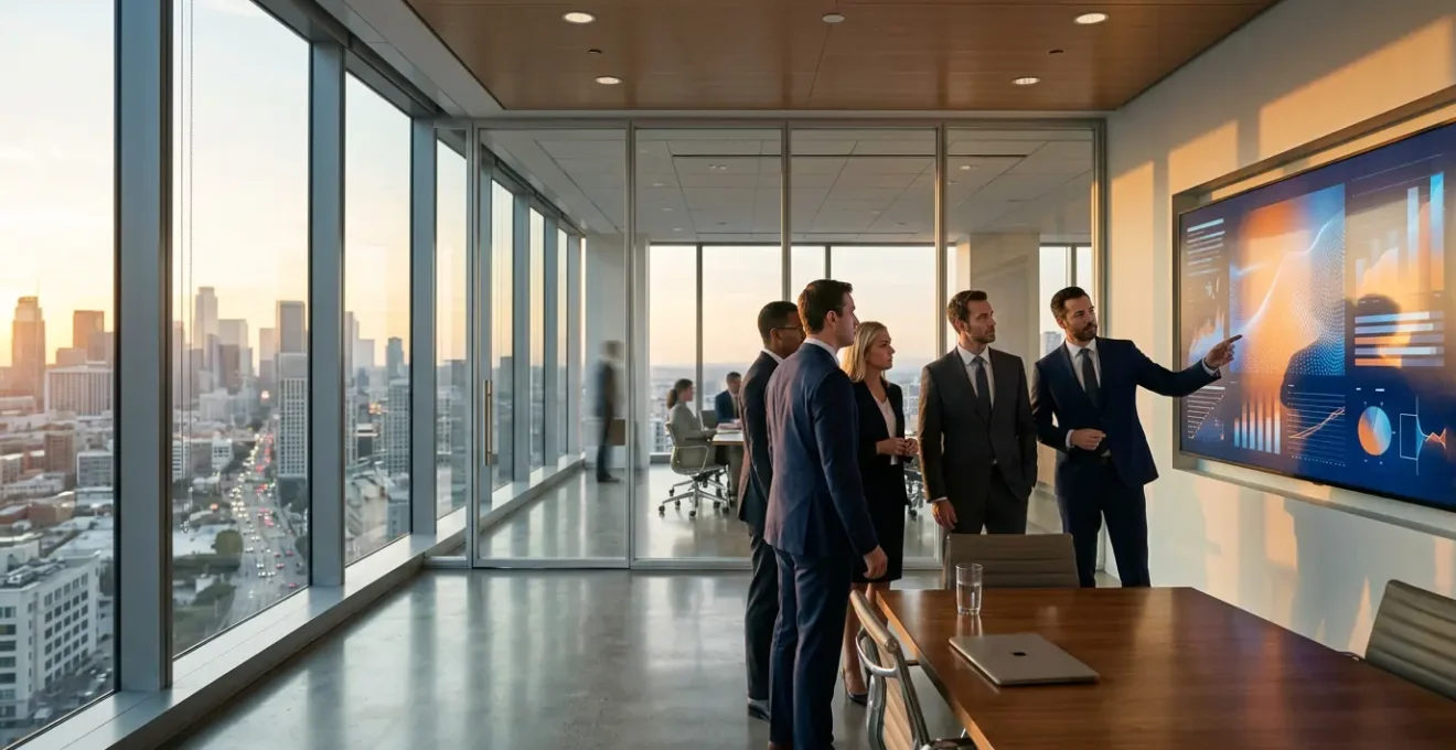 Corporate tax strategy meeting with financial executives analyzing compliance documents