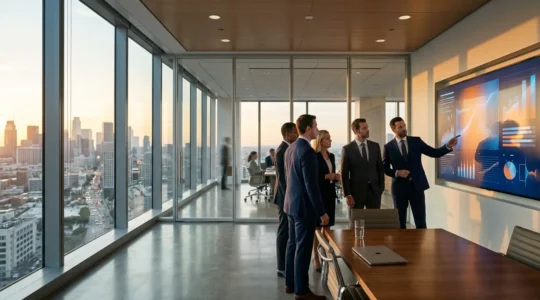 Corporate tax strategy meeting with financial executives analyzing compliance documents