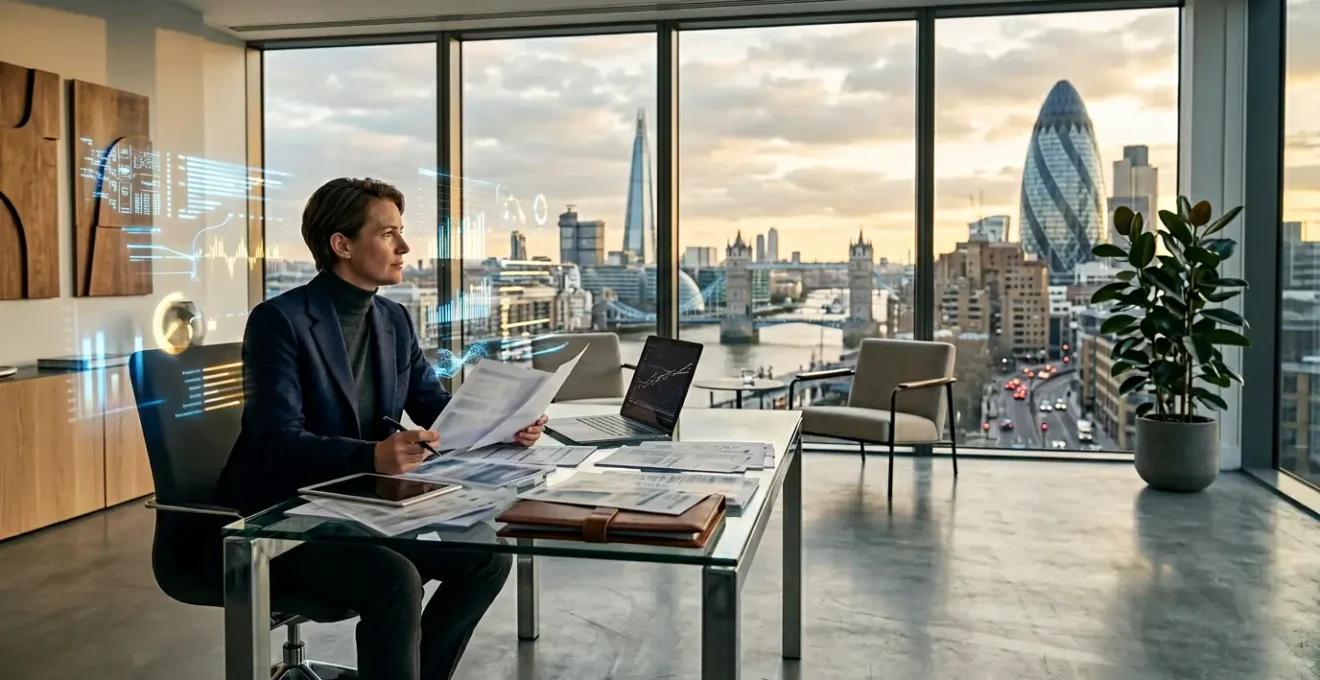 Professional financial advisor reviewing complex tax documents with calculator and charts in modern office setting