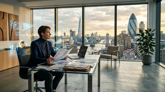 Professional financial advisor reviewing complex tax documents with calculator and charts in modern office setting