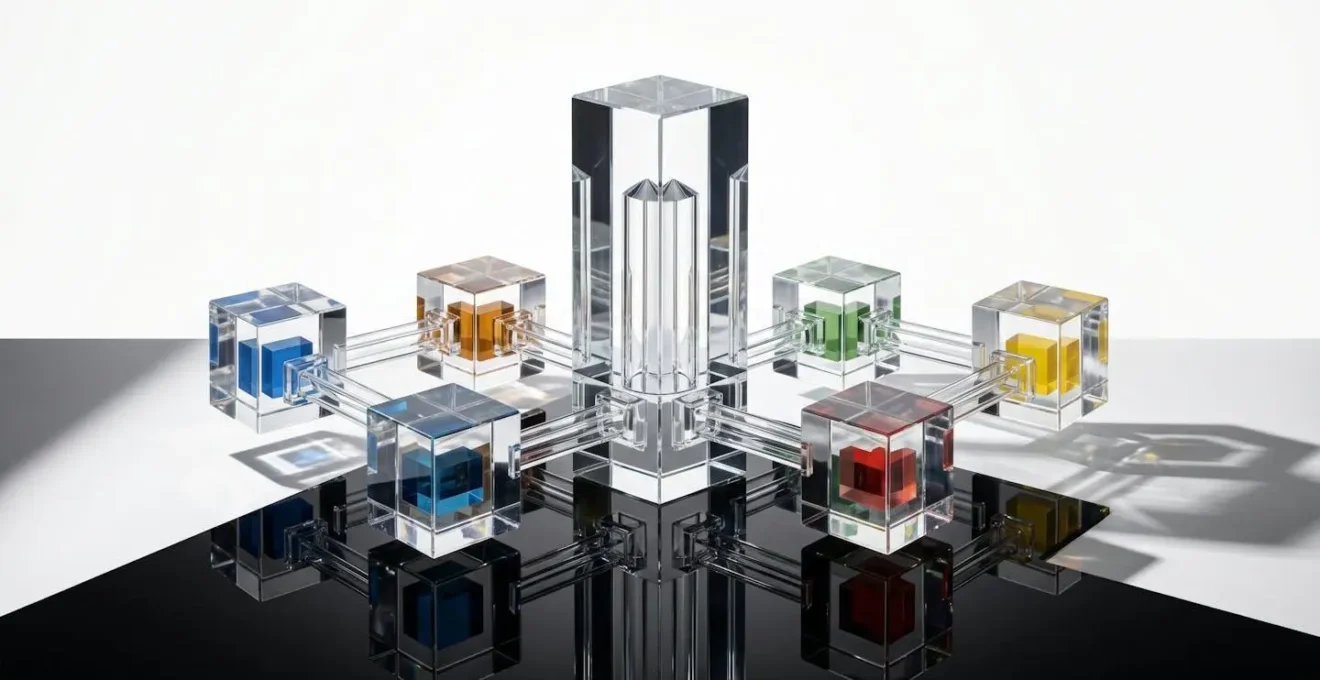 Abstract visualization of a corporate holding structure with interconnected glass business entities, representing asset protection.