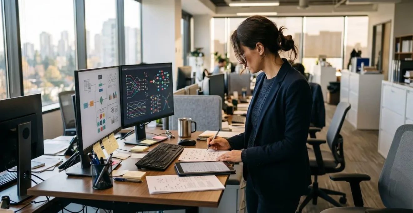 Modern office workspace showing interconnected digital systems