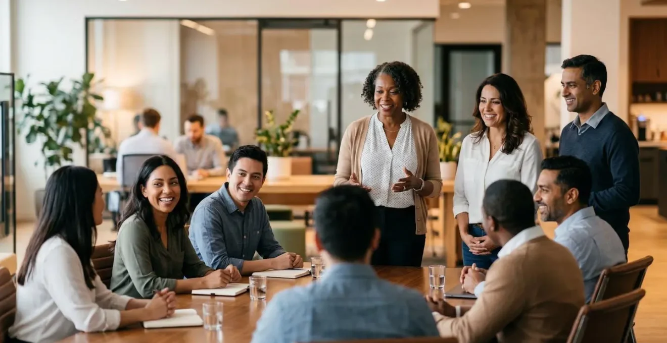 Executive team conducting transparent all-hands meeting during restructuring