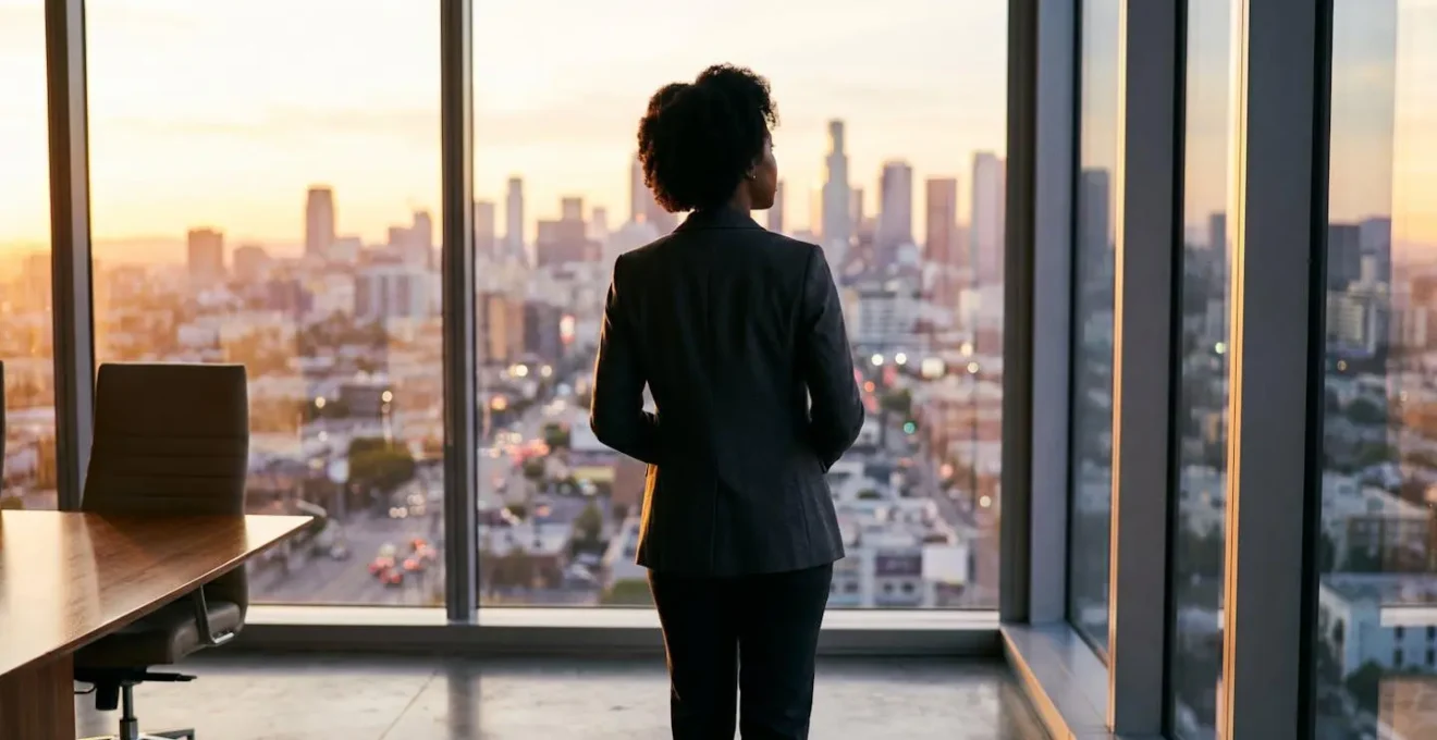 Business professional looking toward a city skyline from a modern office, symbolizing long-term strategic vision.