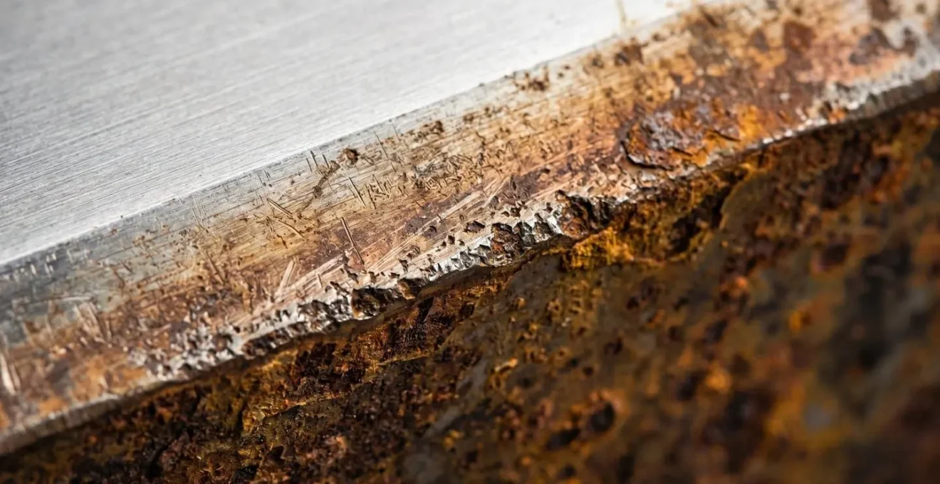A macro close-up of an industrial machine's surface, showing the transition from new brushed metal to worn and oxidized patches.
