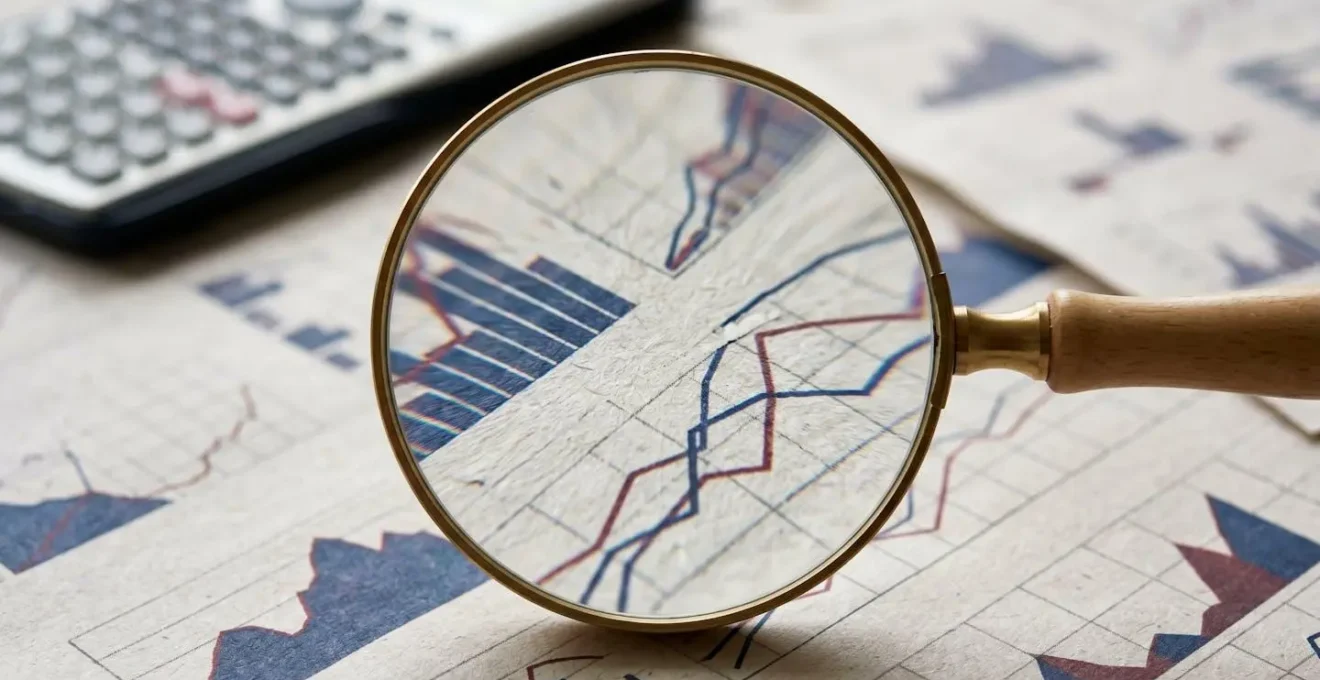 Close-up view of magnifying glass examining financial charts and graphs