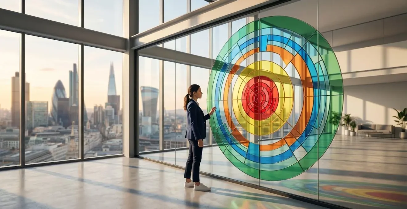 A minimalist office overlooking London, with abstract geometric patterns on a glass wall representing market segmentation from TAM to SOM.