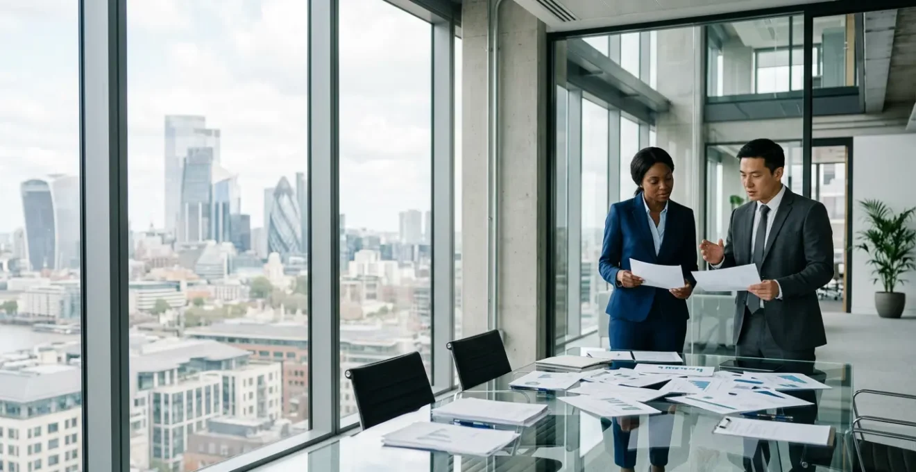 Business professionals reviewing financial documents in modern office setting for mortgage application